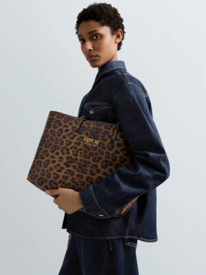 gynaikeia shopper animal print tsanta diplis opseos me extra esoteriko tsantaki