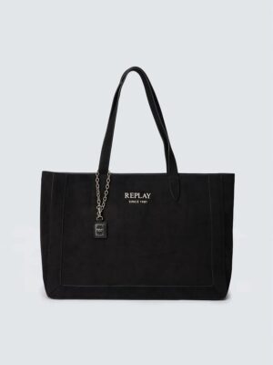 FW01AL.000.A7243S.C098 gynaikei replay tote bag se mavro xroma kai veloudini yfi